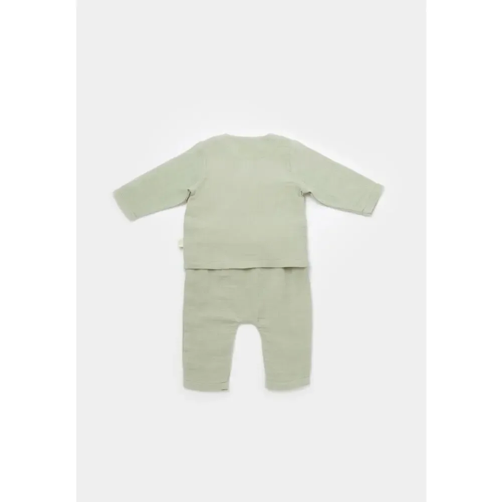Organic Cotton Baby Outfit Set Green 9-12M GOTS 2 Pc Top Pants - Picture 2 of 6
